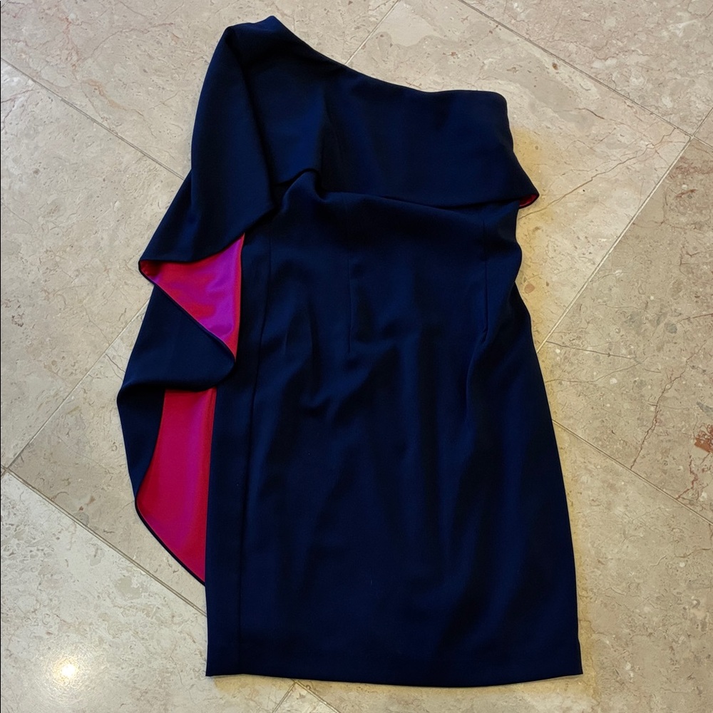 Carmen Marc Valvo Navy and Pink One-Shoulder Dress